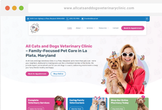 Screenshot of a veterinary clinic website showing a woman holding a dog, with text promoting family-focused pet care in La Plata, Maryland, and options to book appointments or shop online.
