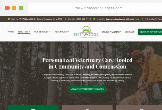 Screenshot of Deepwoods Veterinary Services website homepage, showing the tagline "Personalized Veterinary Care Rooted in Community and Compassion" with navigation menus at the top.